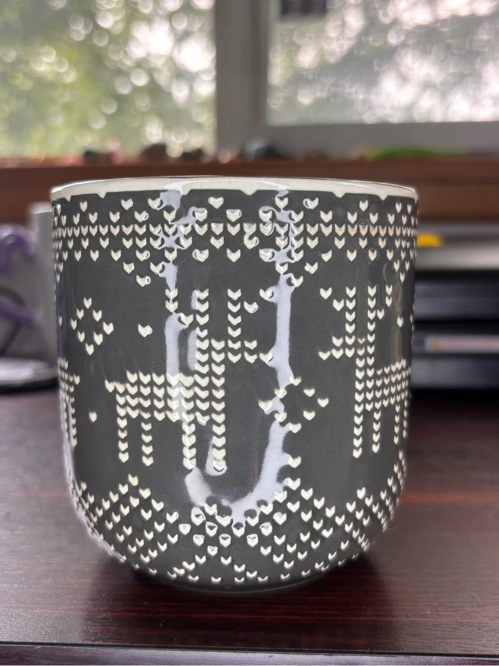 Threshold Gray Sweater Knit Reindeer Stoneware Coffee Mug Gold Handle 15 oz